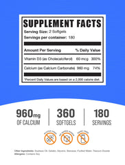 Product label showing ingredients and dosage for Calcium Carbonate with Vitamin D3 softgels