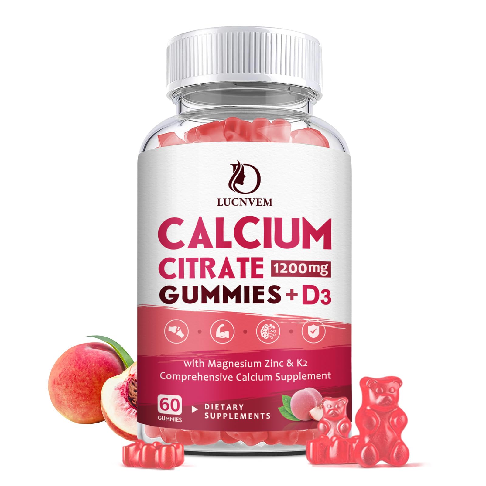 Calcium Citrate 1200mg Gummies bottle with white peach flavor
