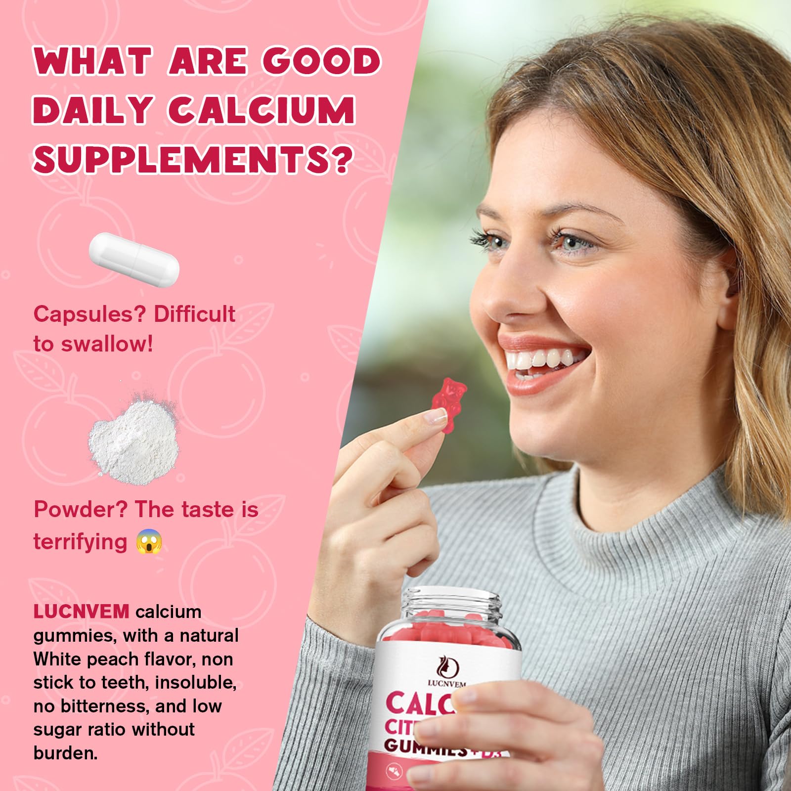 Packaging highlighting calcium, vitamin D3, magnesium, zinc and vitamin K2