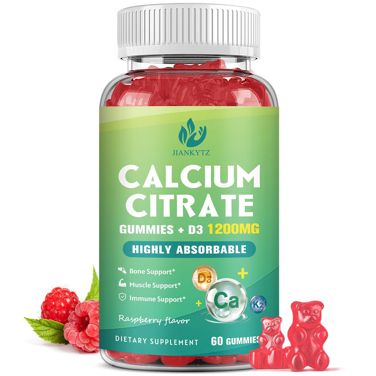 Bottle of 1200mg calcium citrate gummies with raspberry flavor and vitamin D3 & K2