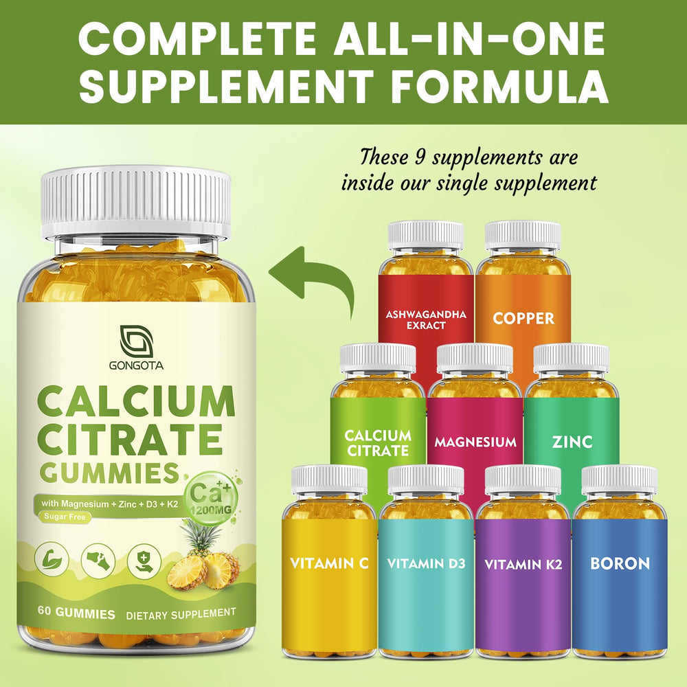 Pineapple-flavored calcium citrate gummies on a white background