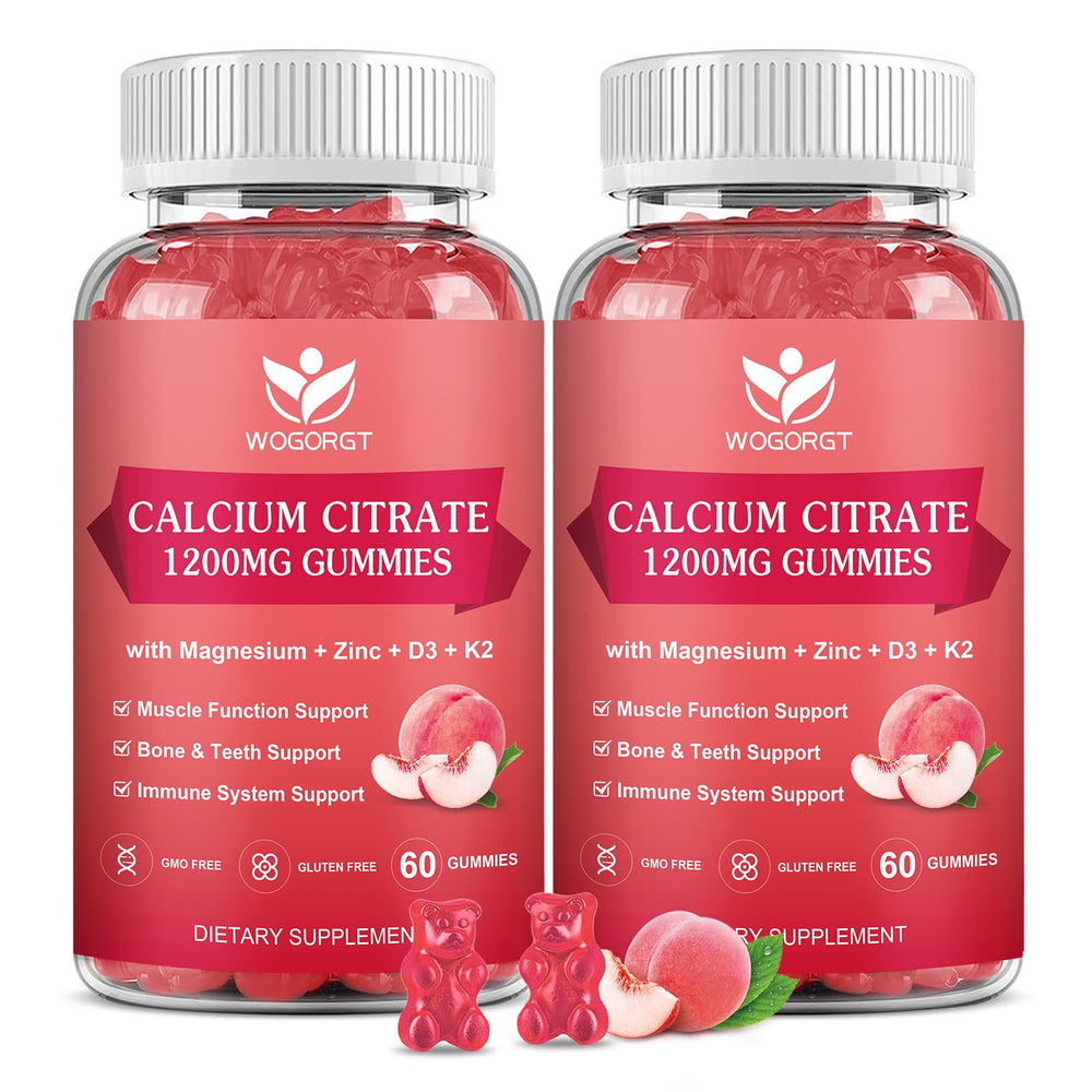 Bottle and 2-pack packaging of Calcium Citrate 1200mg Gummies with D3 and K2 in peach flavor