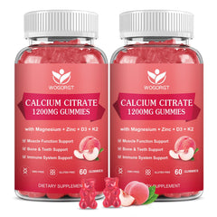 Bottle and 2-pack packaging of Calcium Citrate 1200mg Gummies with D3 and K2 in peach flavor