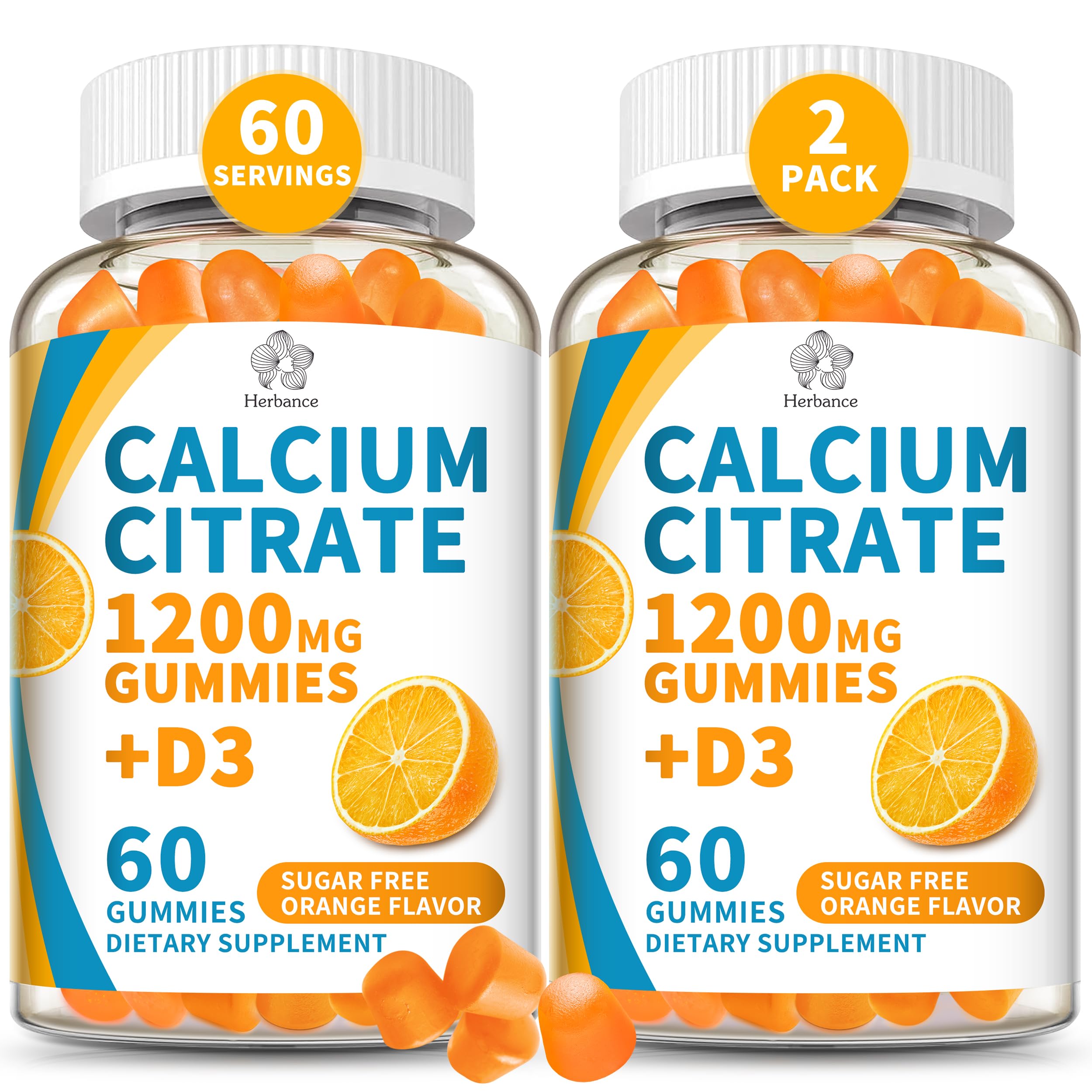 Bottle front of (2 Pack) Calcium Citrate 1200 mg Gummies with Vitamin D3 - orange flavor