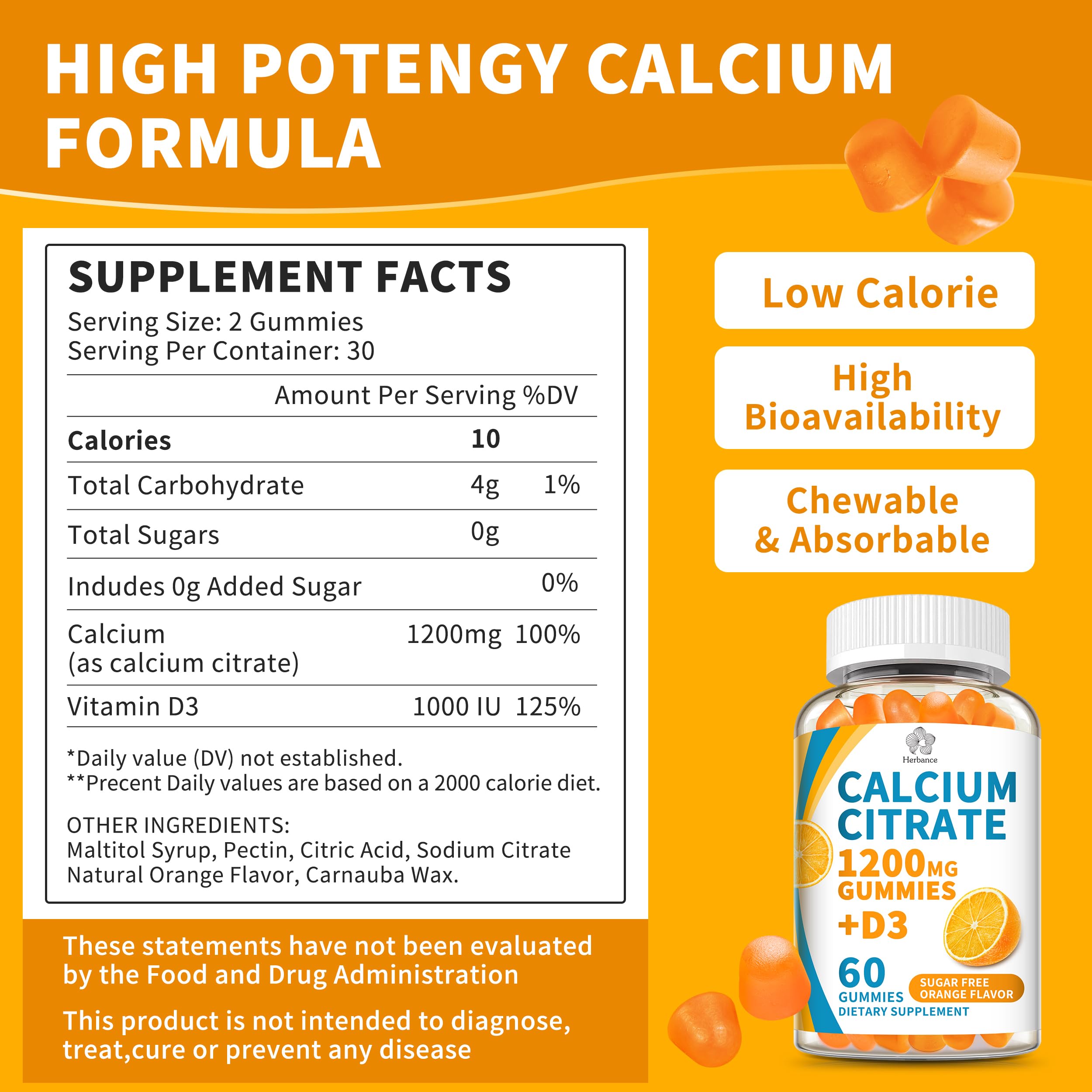 Orange-flavored calcium citrate gummies viewed from the side