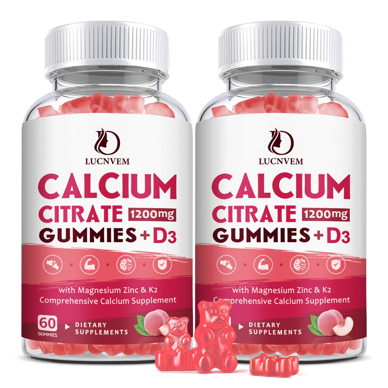 Peach-flavored Calcium Citrate 1200mg gummies with Vitamin D3, K2 and Magnesium