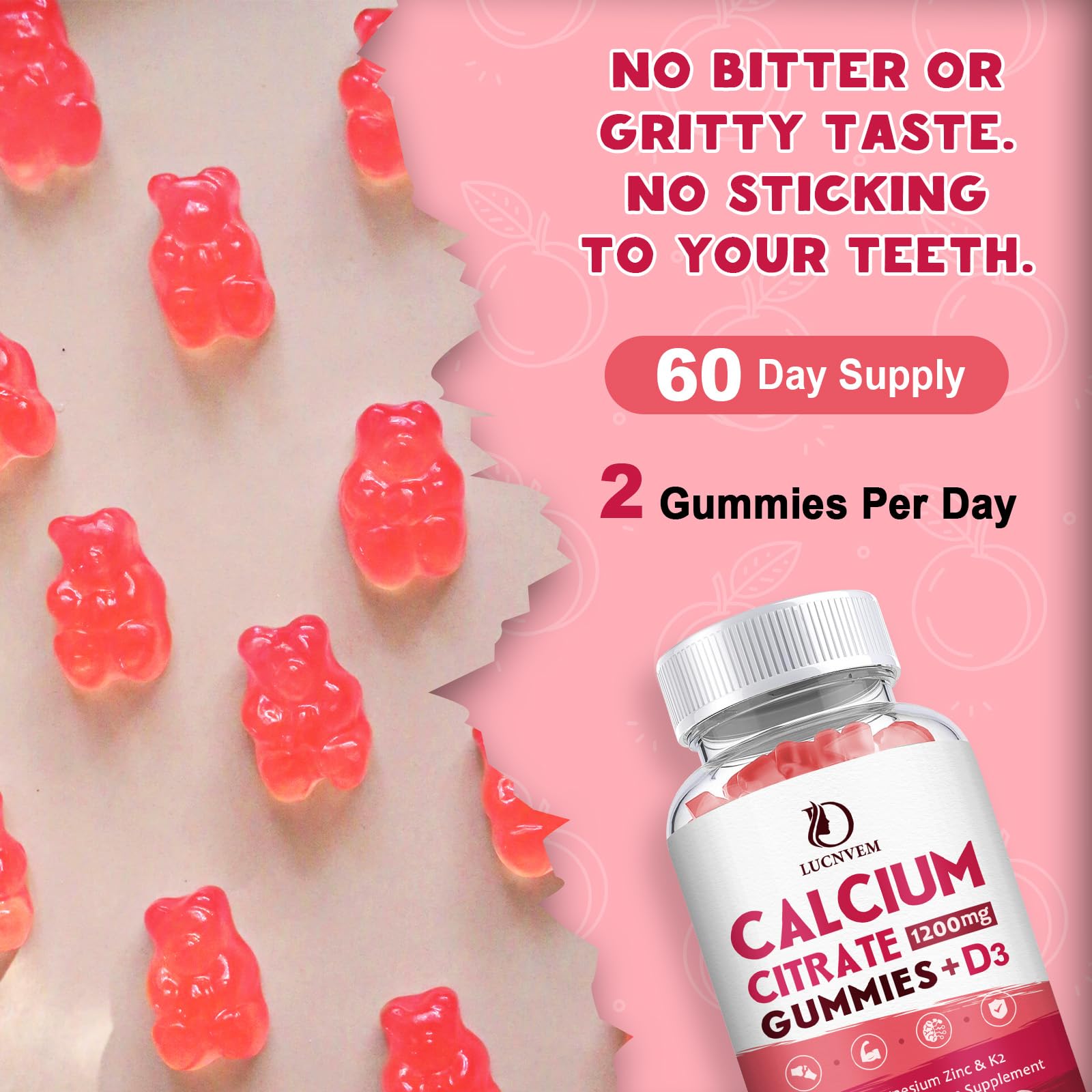 Close-up of peach-flavored calcium citrate gummies