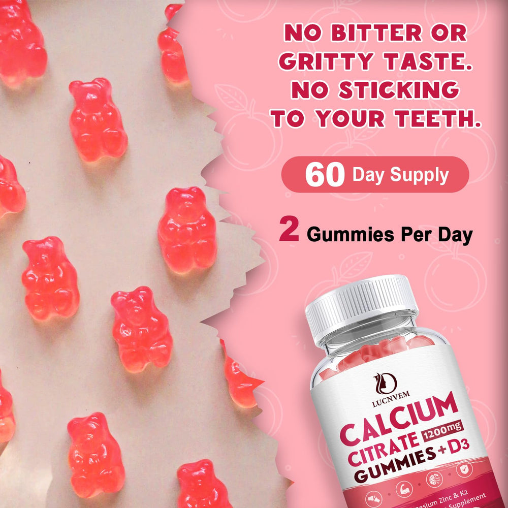 Close-up of peach-flavored calcium citrate gummies