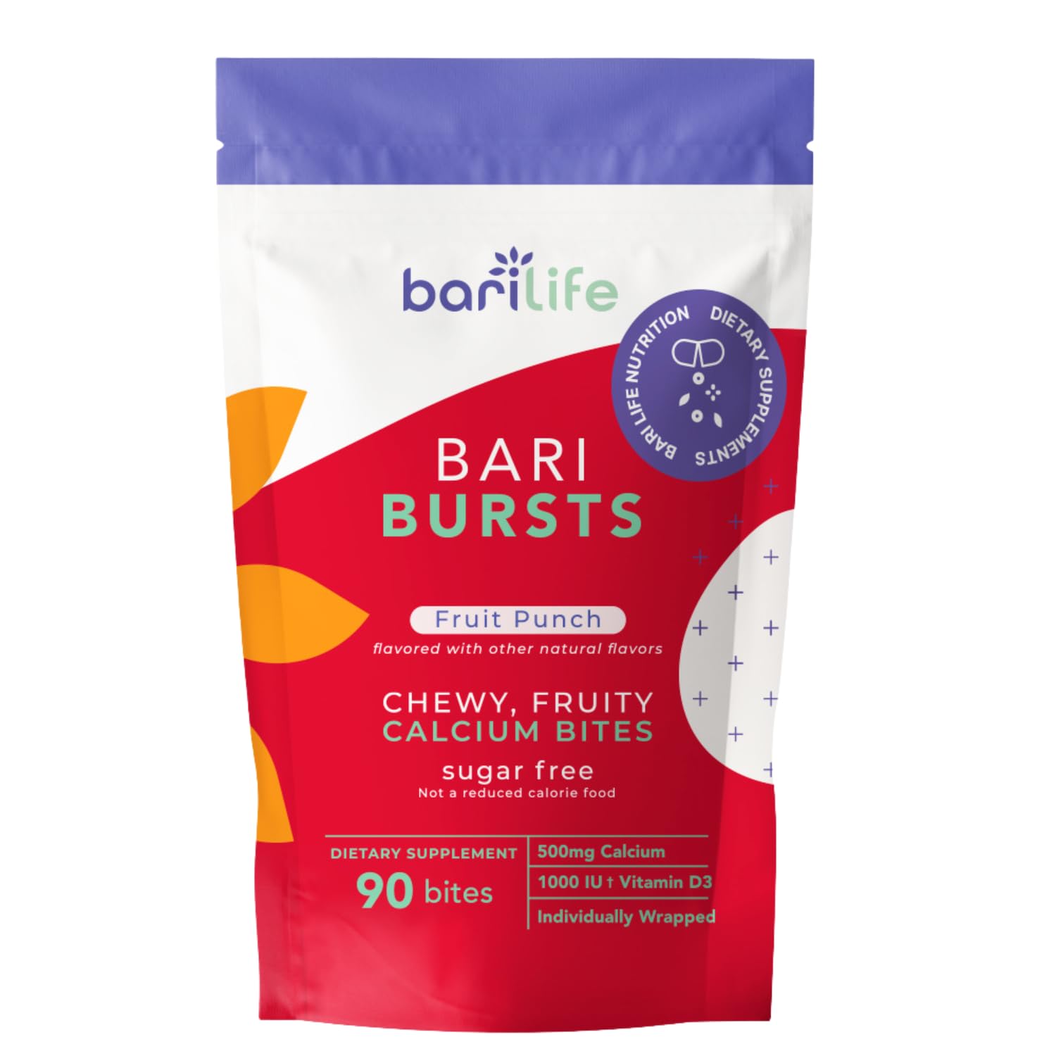 Canister label for BariBurst Calcium Citrate Bariatric Chews – Fruit Punch