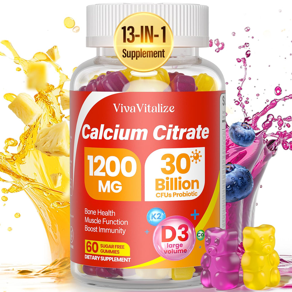 Front view of 60-count bottle of 13-in-1 Calcium Citrate Gummies in blueberry-pineapple flavor