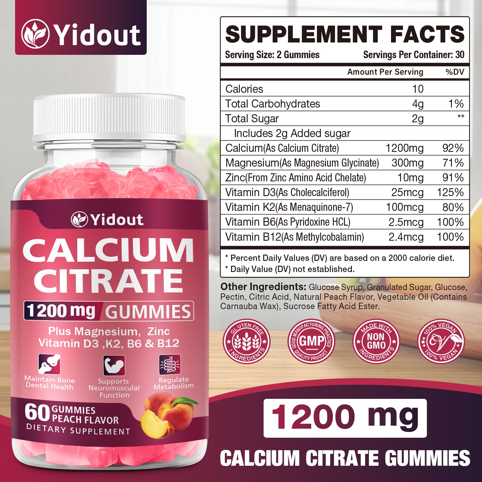 Close-up of Peach Calcium Citrate Gummies 1200mg