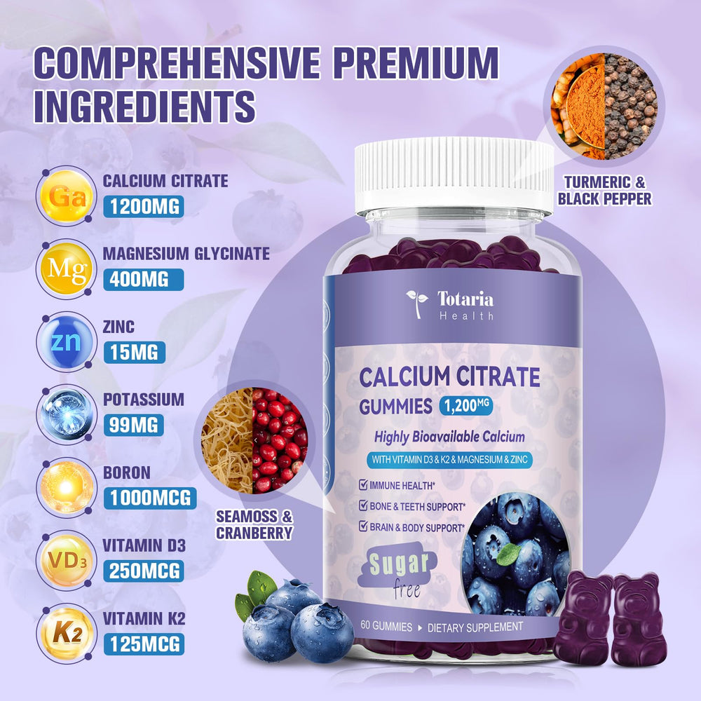 Ingredients showing calcium citrate with vitamins D3 and K2 plus minerals