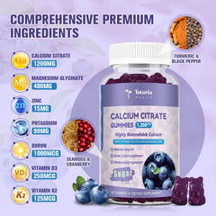 Ingredients showing calcium citrate with vitamins D3 and K2 plus minerals