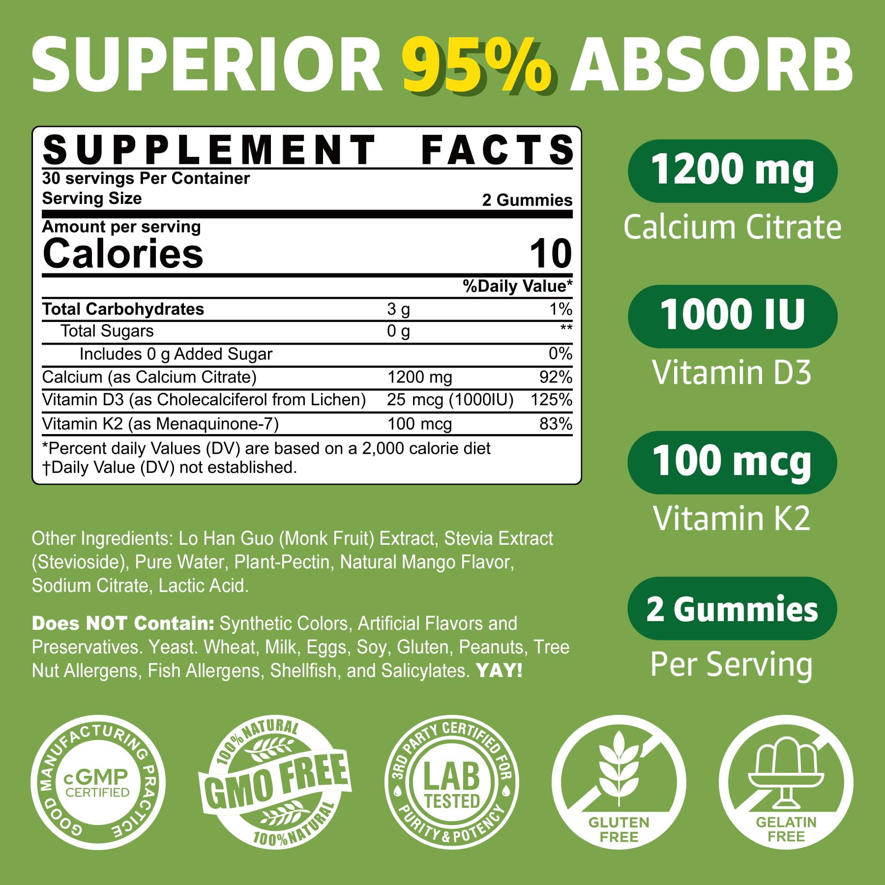 Mango-flavored calcium gummy chewables with 1200mg calcium