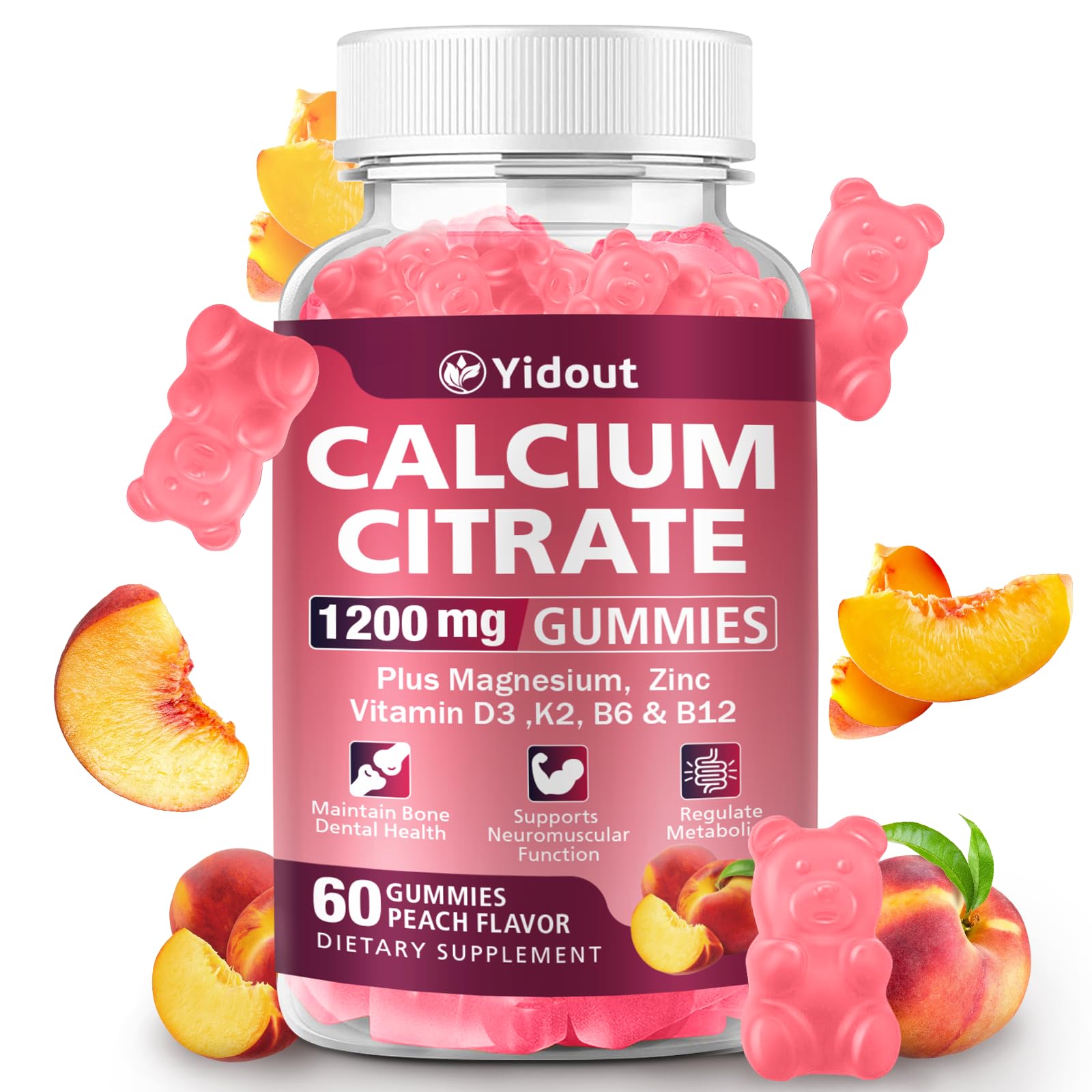 Bottle of Calcium Citrate Gummies 1200mg – Peach flavor, 60 count