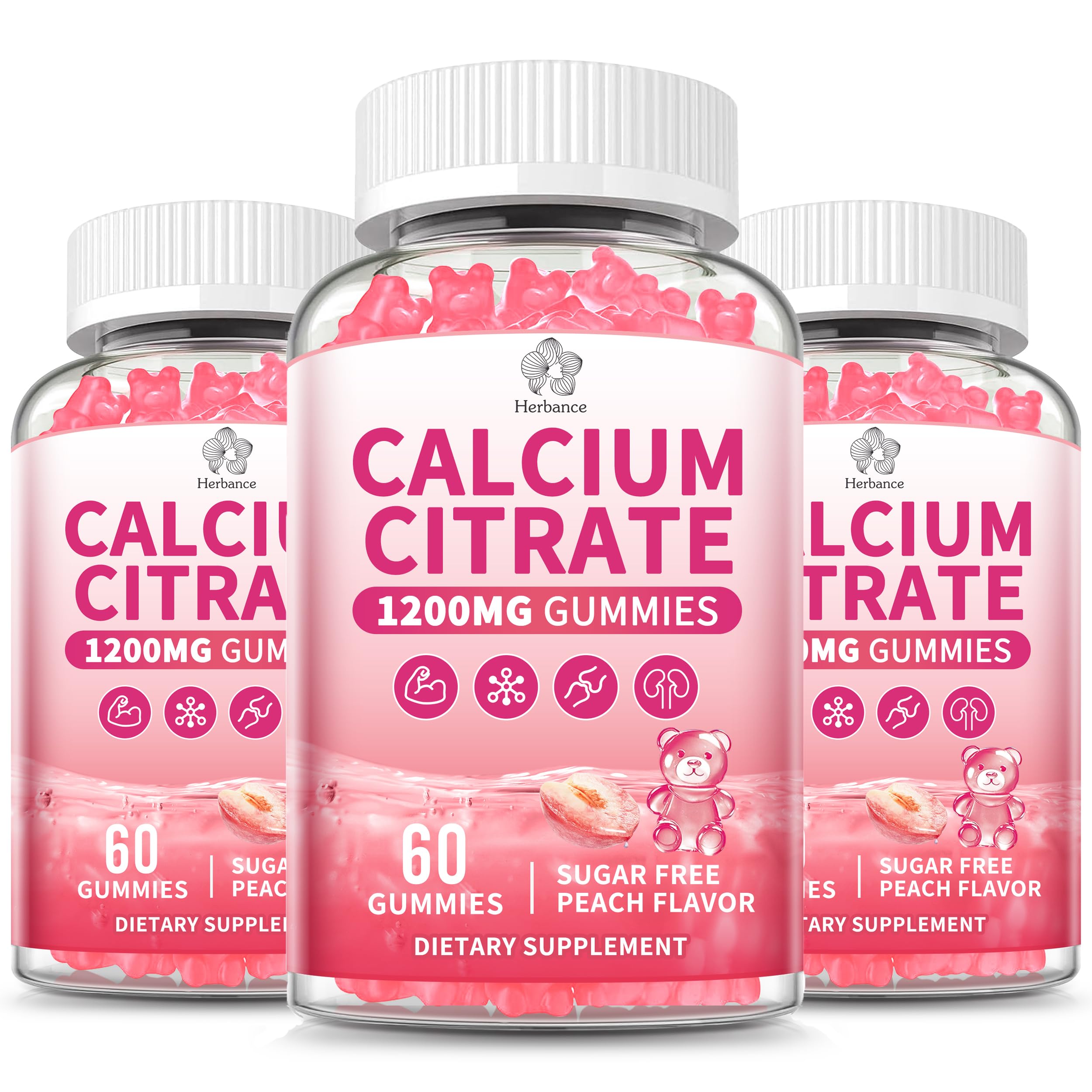 Calcium Citrate Gummies 1200 mg peach flavor in a 3-pack bottle