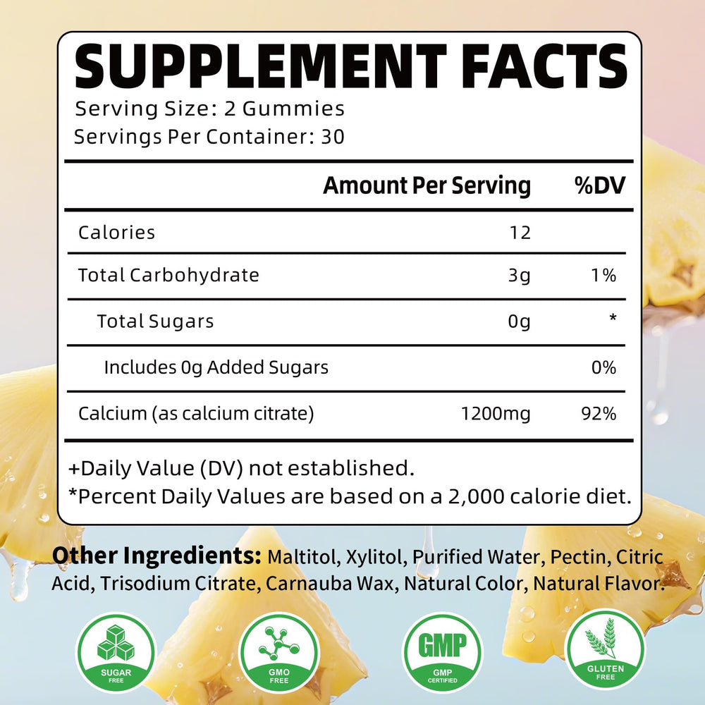 Calcium citrate gummies pineapple flavor back label