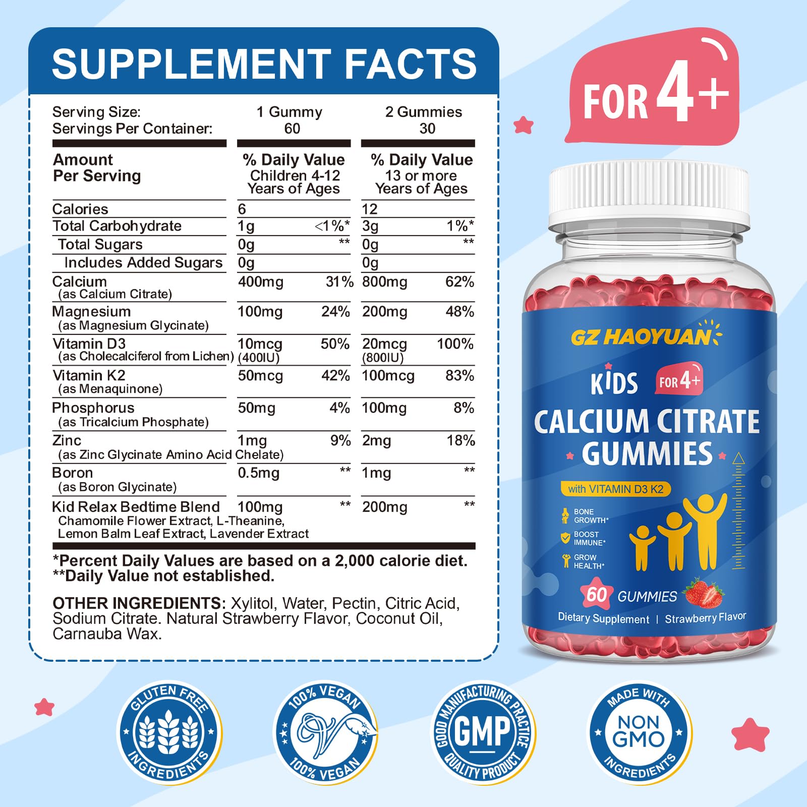 Nutritional ingredients diagram including calcium citrate, Vitamin D3, K2, magnesium
