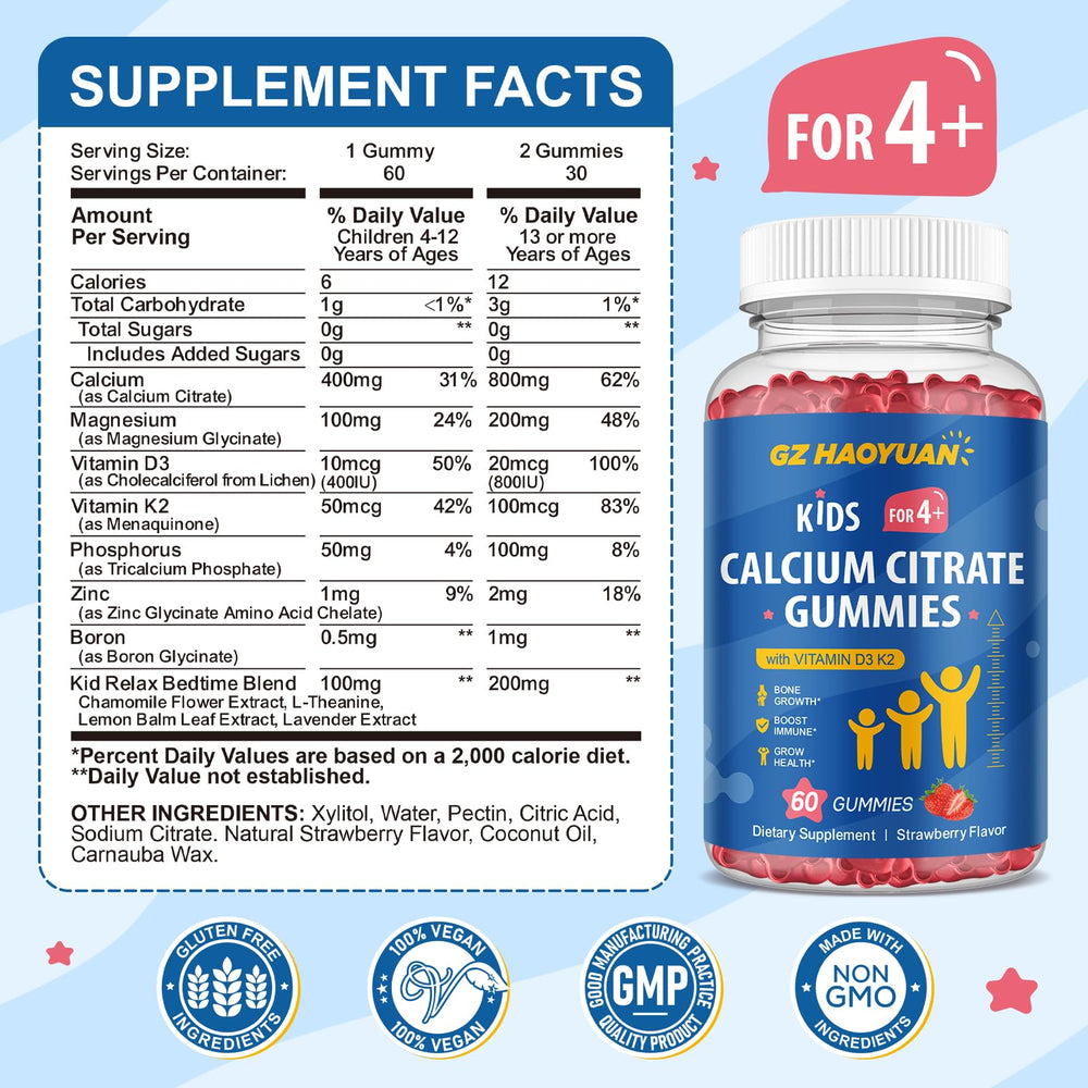 Nutritional ingredients diagram including calcium citrate, Vitamin D3, K2, magnesium