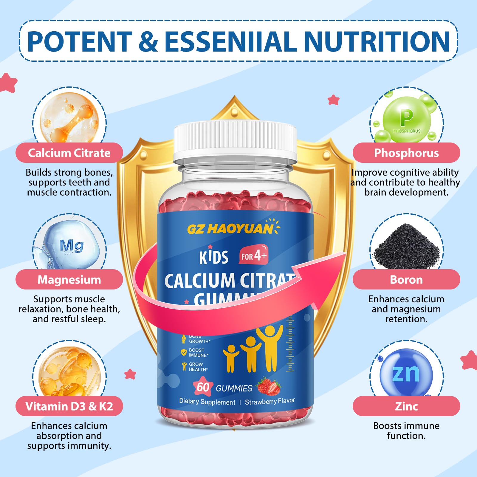 Gummies with minerals calcium, magnesium, phosphorus, zinc, boron