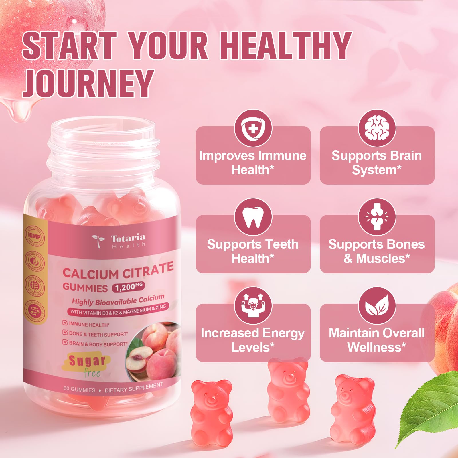 Close-up of peach flavored calcium citrate gummy with ingredients