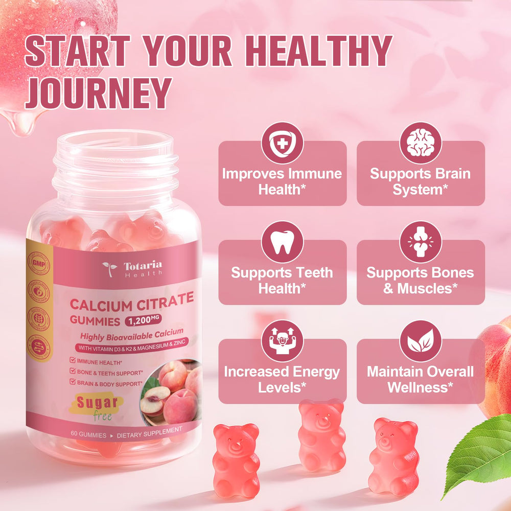 Close-up of peach flavored calcium citrate gummy with ingredients