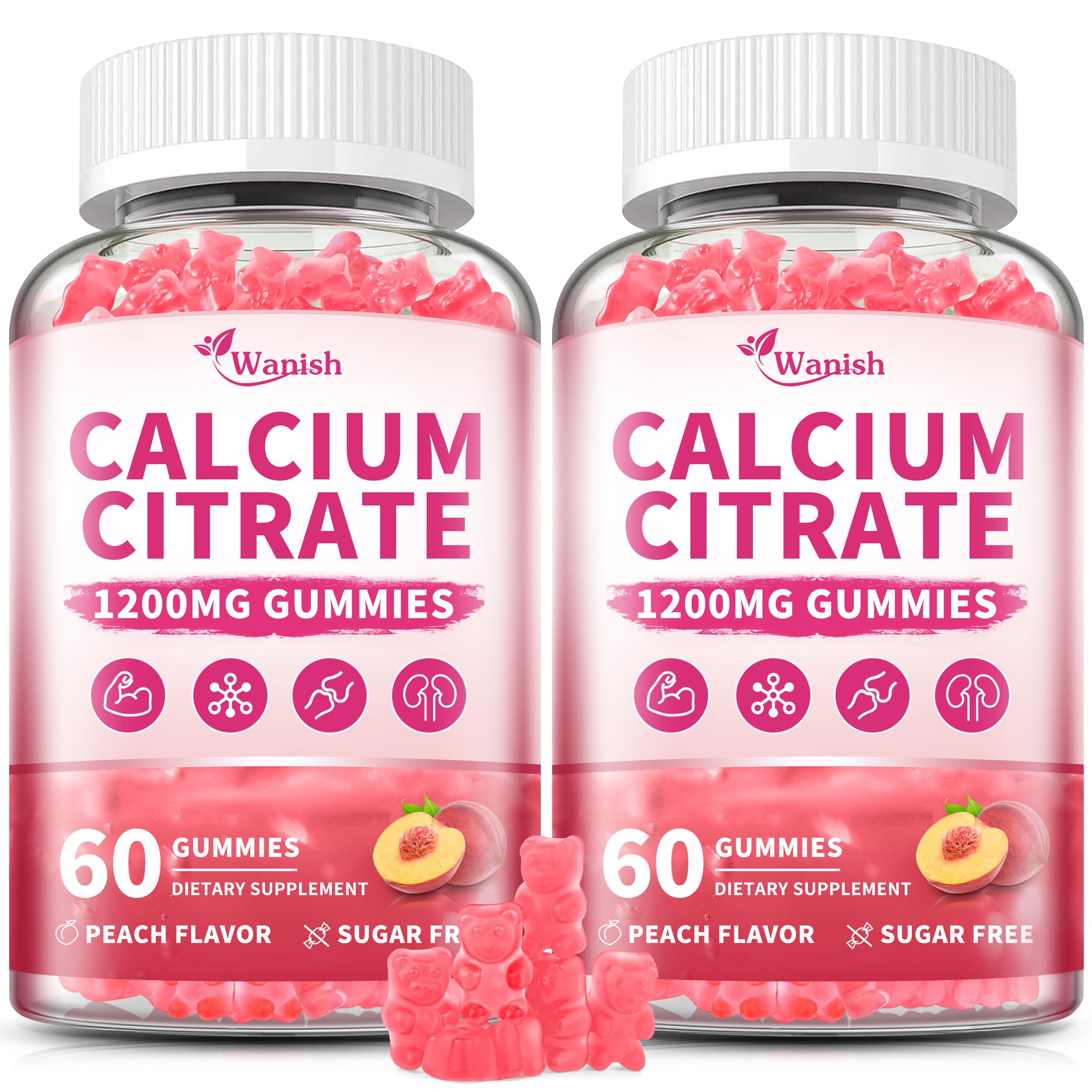 Front view of the 2-pack Peach Calcium Citrate Gummies bottle