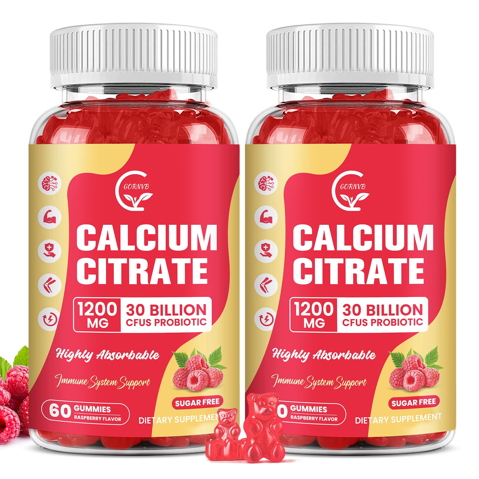 Main product image: a 2-pack Raspberry Sugar Free Calcium Citrate Gummies bottle