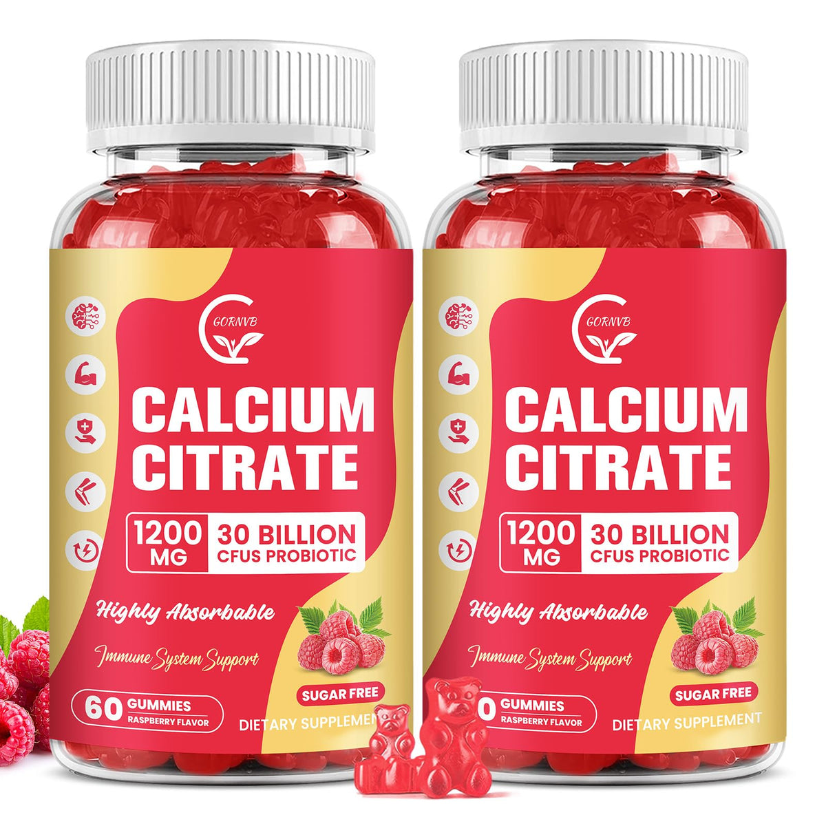 Main product image: a 2-pack Raspberry Sugar Free Calcium Citrate Gummies bottle