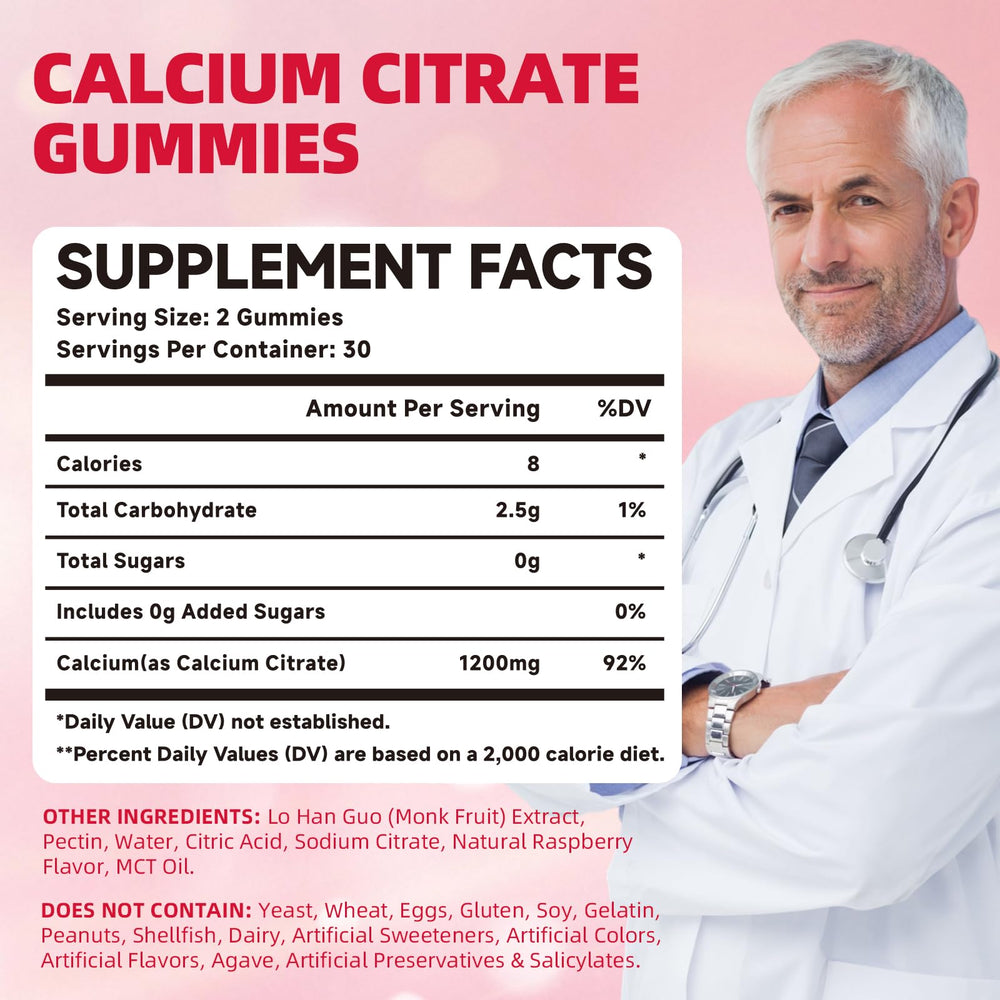 Close-up of raspberry-flavored Calcium Citrate Gummies