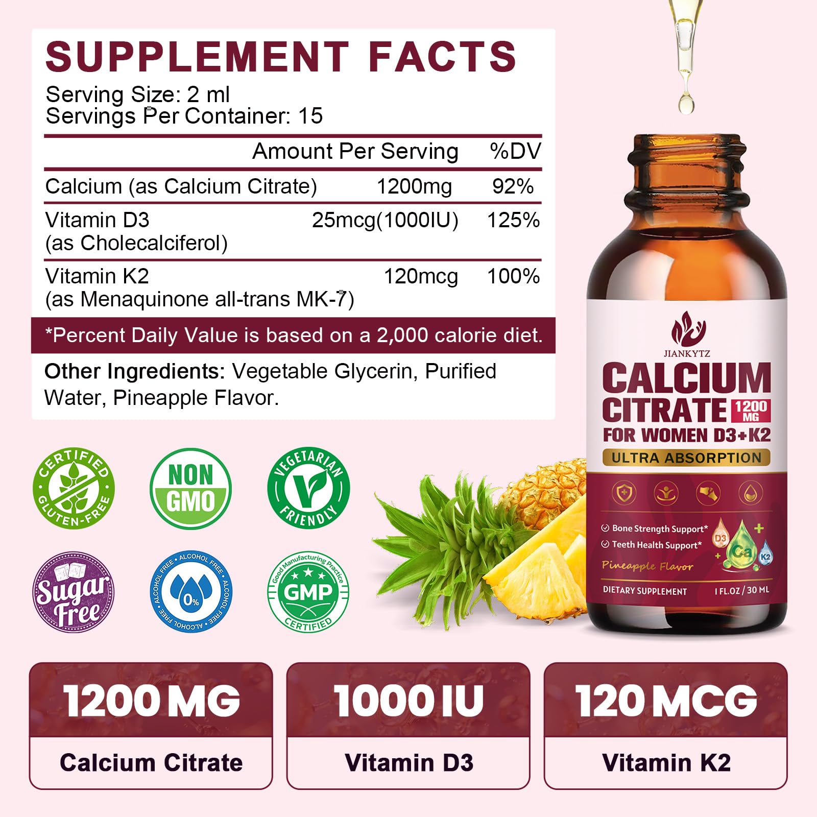 Close-up of calcium citrate liquid drops bottle and dropper
