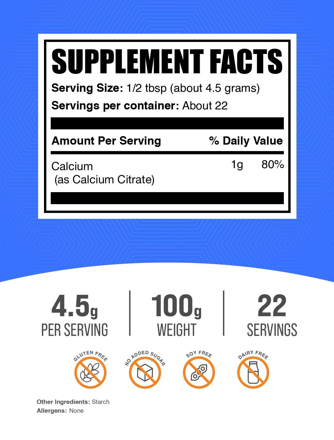 Calcium Citrate powder serving showing 1g calcium per serving