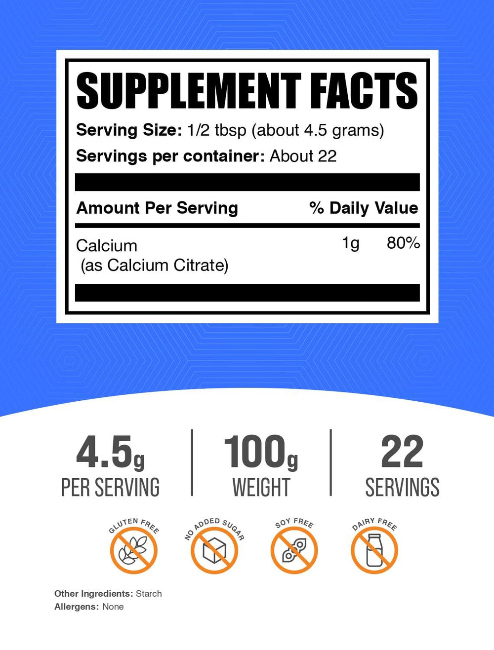 Calcium Citrate powder serving showing 1g calcium per serving