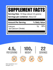 Calcium Citrate powder serving showing 1g calcium per serving