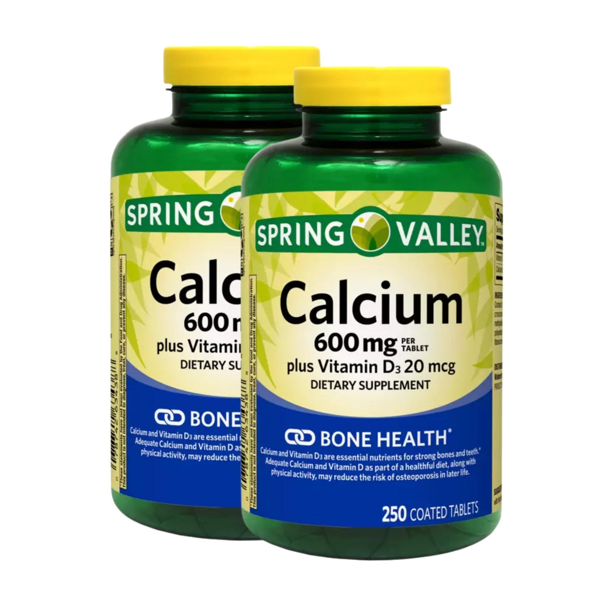 Front view of Calcium 600 mg with Vitamin D3 bottle – 250 tablets per bottle, pack of 2