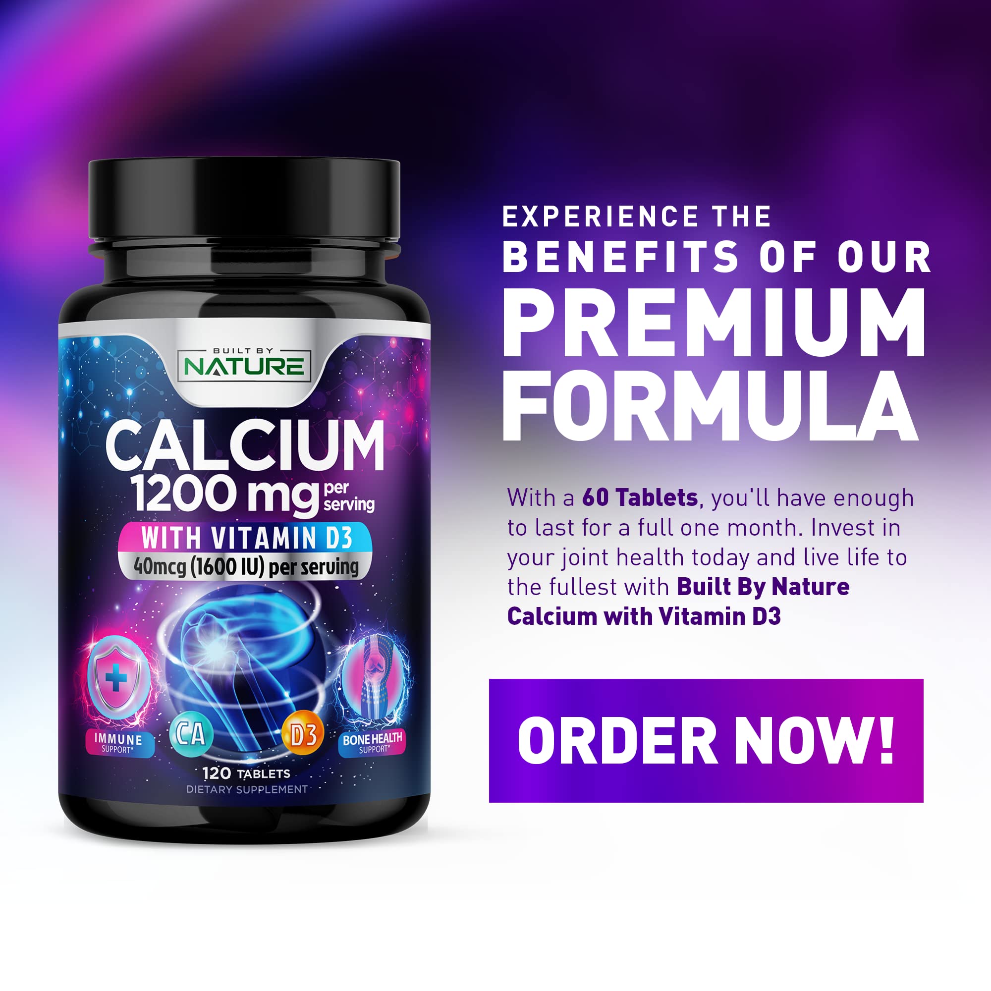 Bottle of calcium D3 supplement with 60 tablets