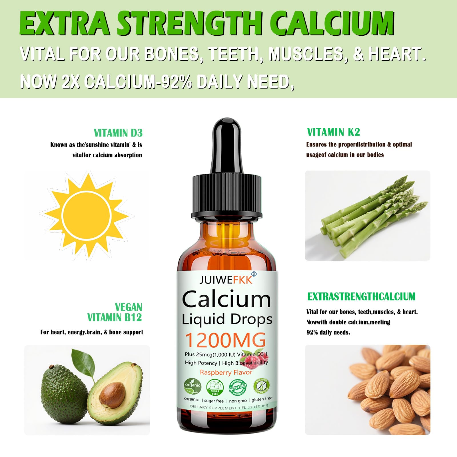 Close-up of raspberry-flavored liquid calcium drops