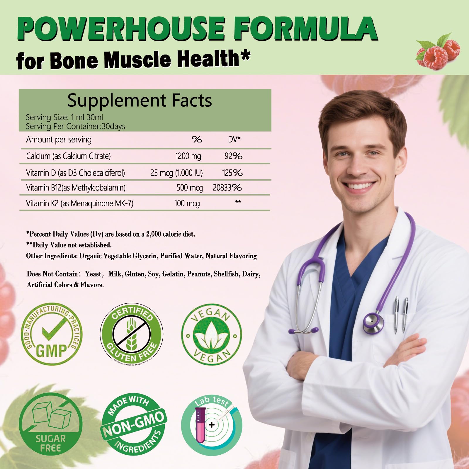 Serving of raspberry calcium drops in a glass with raspberries