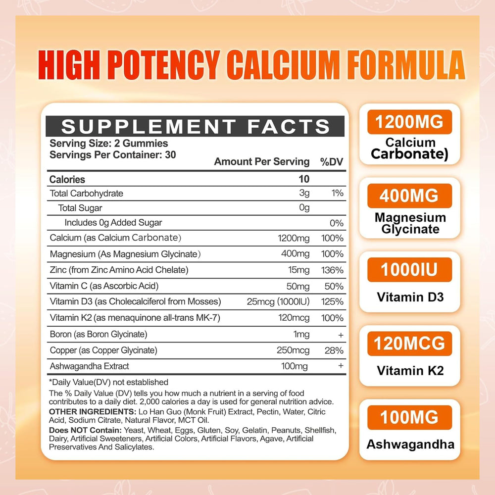 Close-up of orange sugar-free Calcium Magnesium Zinc gummy