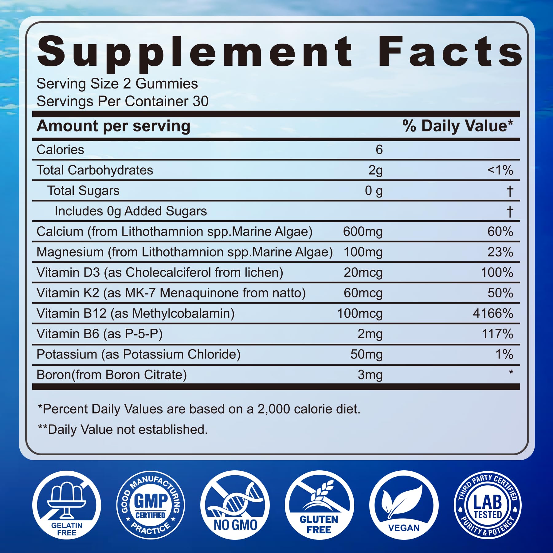 Ocean algae calcium gummy ingredients and label