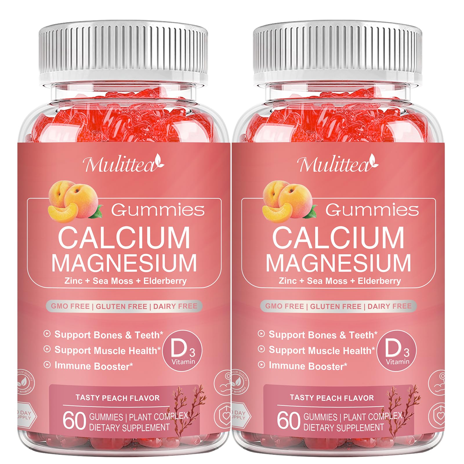 Front of bottle showing 1200mg calcium gummies with D3 K2 zinc plant complex