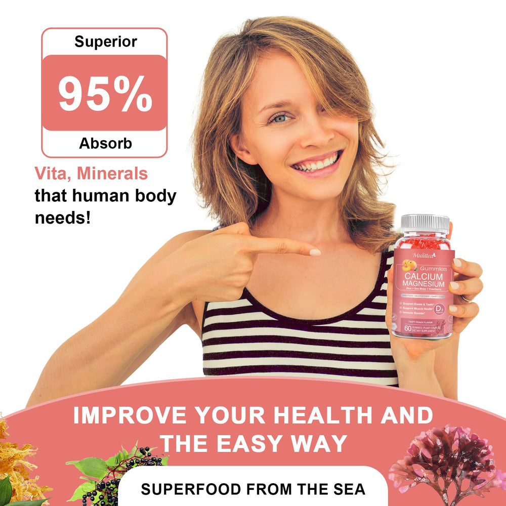 Close-up of label on peach sugar-free calcium gummies