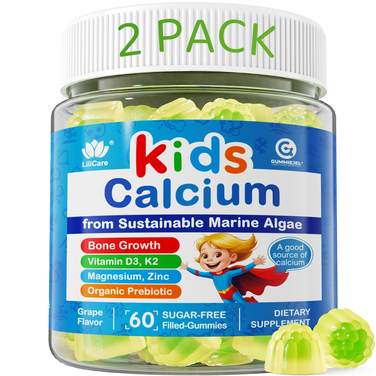 Two-pack bottles of kids calcium gummies grape flavor 120 count
