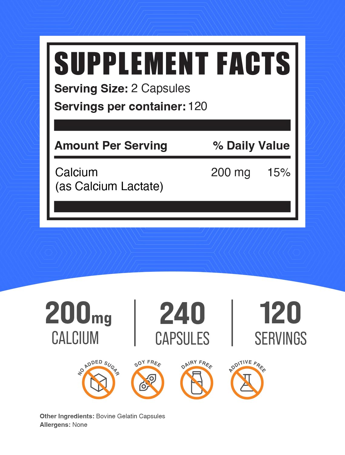 Calcium Lactate Capsules with 200mg Calcium per serving