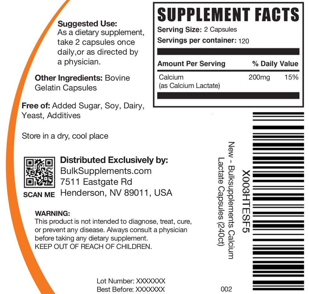 Inside packaging of BulkSupplements Calcium Lactate Capsules