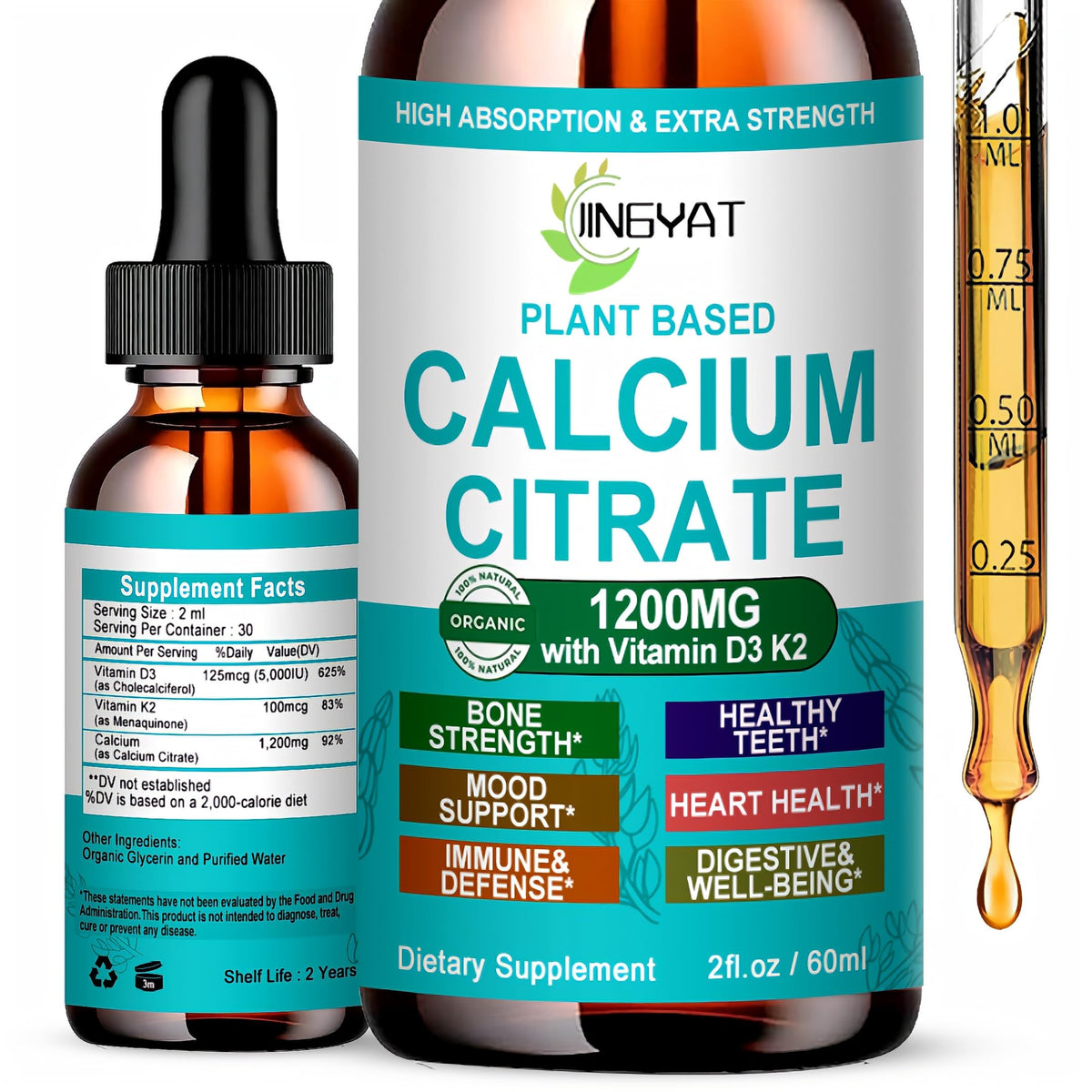 Bottle of Calcium Citrate Liquid Drops for Women (1200mg with Vitamin D3 and K2)
