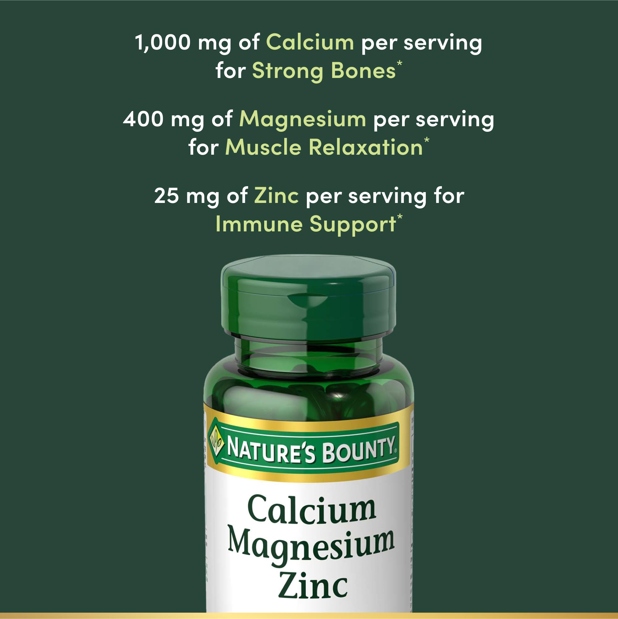 Close-up of label showing 1000 mg calcium, 400 mg magnesium, 600 IU vitamin D