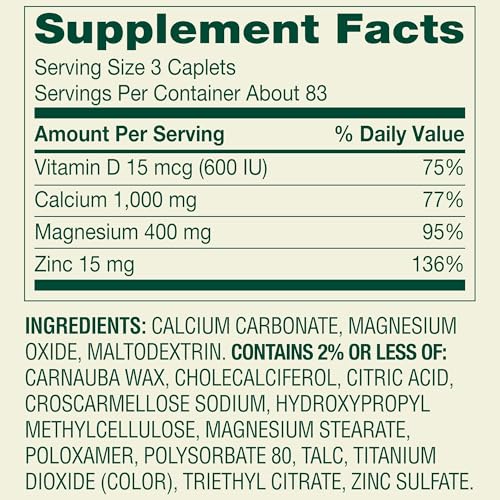 Close-up of Calcium Magnesium Zinc D3 supplement bottle showing serving details
