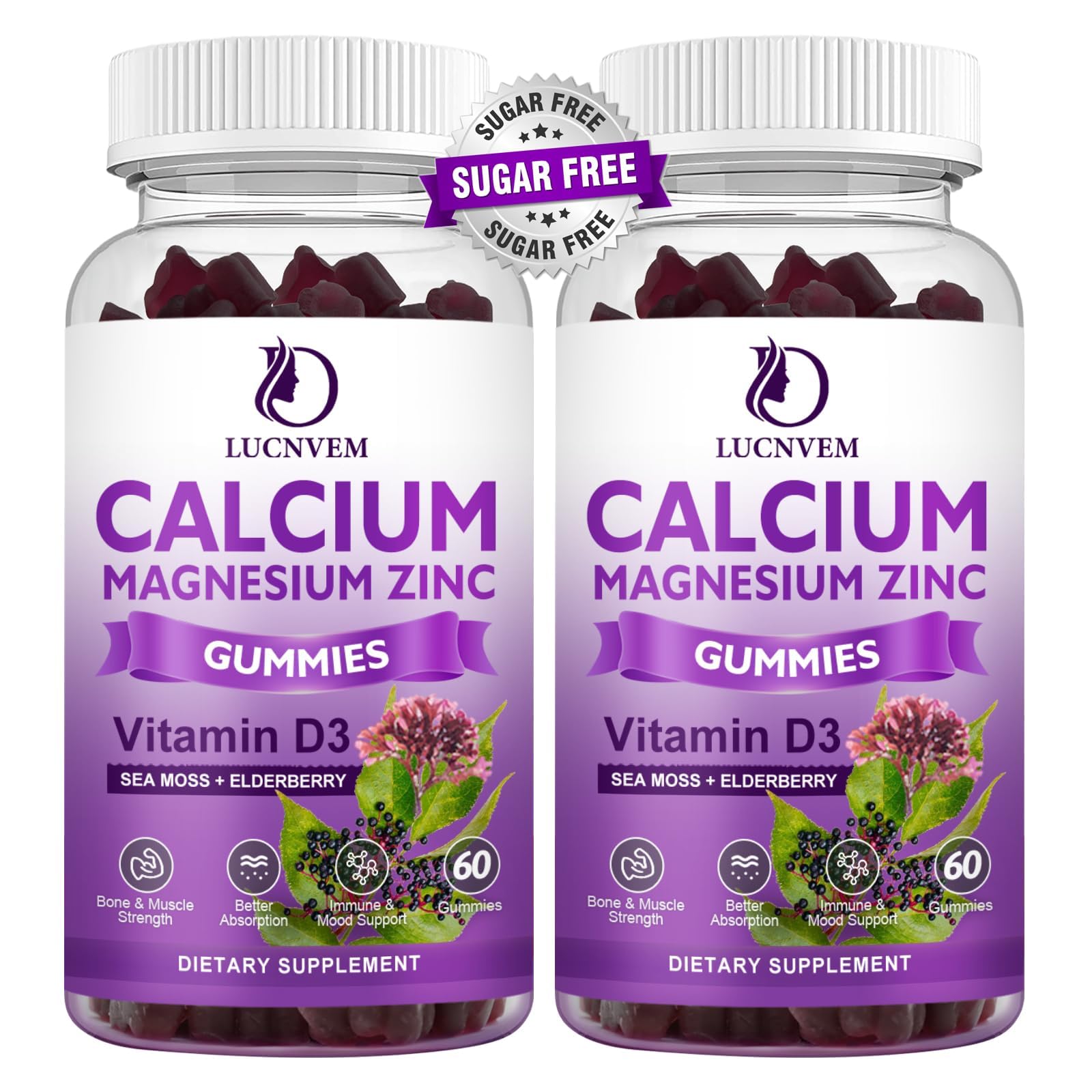Bottle of 2-pack sugar-free calcium magnesium zinc gummies