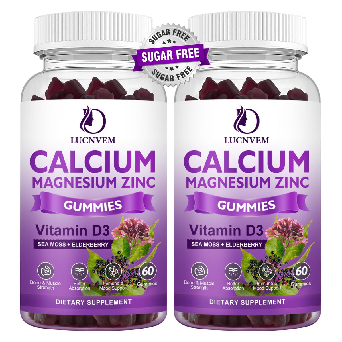 Bottle of 2-pack sugar-free calcium magnesium zinc gummies